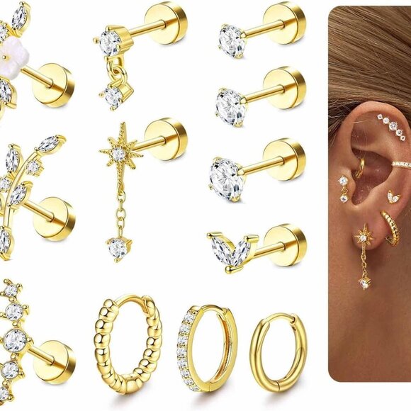 Jewelry - 16 Gauge Cartilage Earrings for Women Flat Back-Hypoallergenic Surgical Stainles
